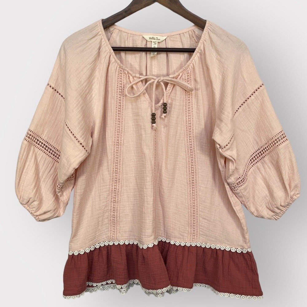 Matilda Jane Peasant Blouse Womens Medium Pink Cotton Lace Ruffle Good Condition